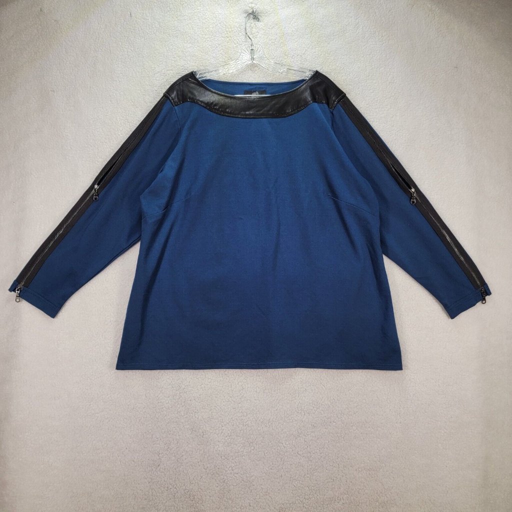 Seth Aaron Turquoise Boat Neck Faux Leather Zipper Long Sleeves Grunge Top